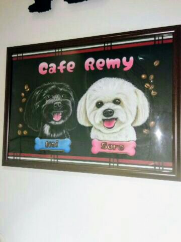 平塚カフェレミーの看板犬 海と空 のチョークアートを描いていただきました 平塚のわんちゃんと一緒に入れるカフェレストラン Cafe Remy